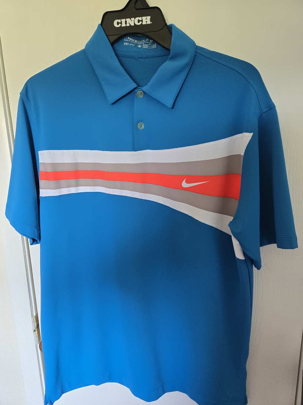 Nike Men’s Teal Blue Polo with Orange and Gray Stripe Detail M